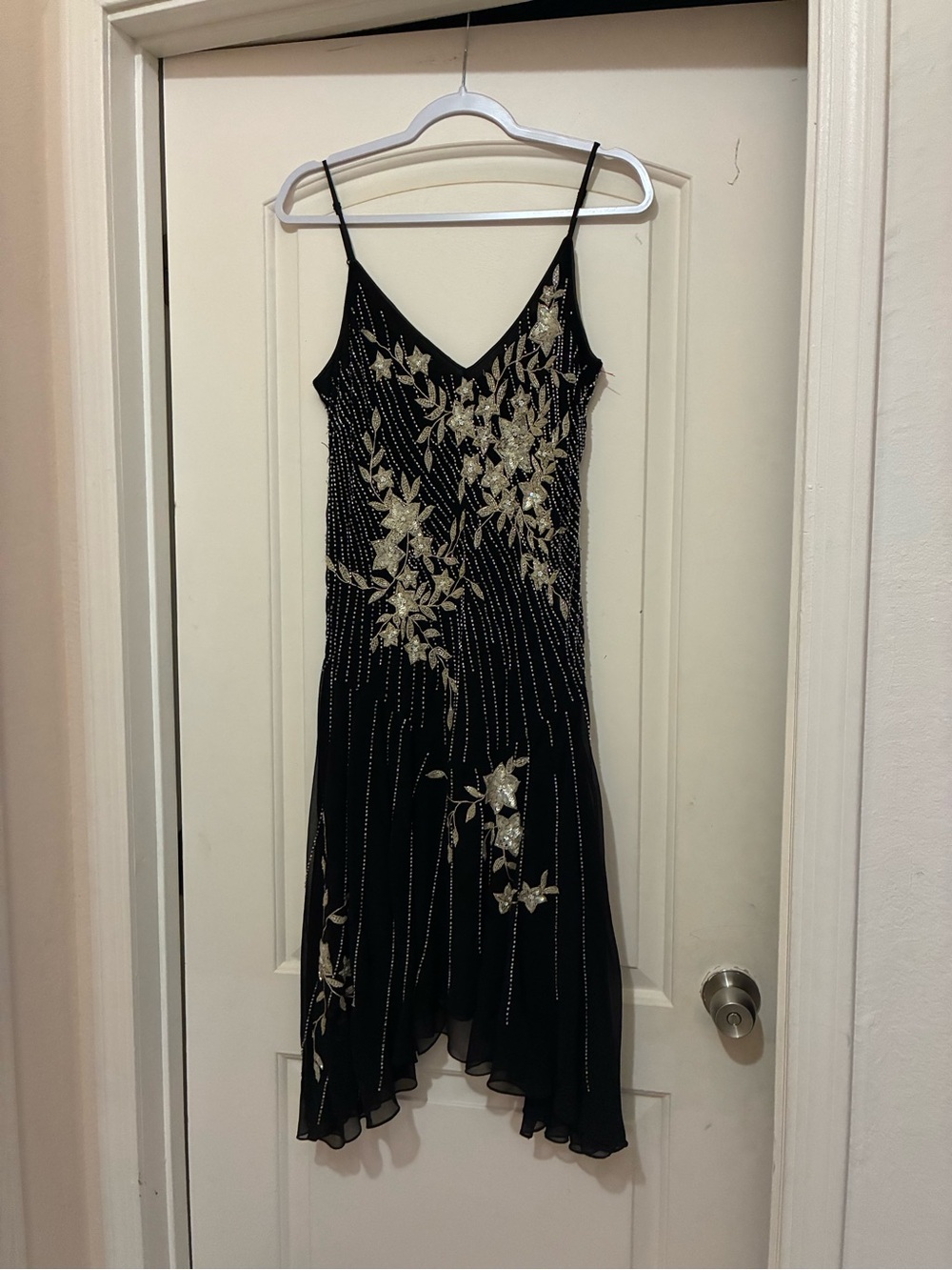 Jkara Black Spaghetti-Strap Dress with Gold and white Floral beaded Embroidery